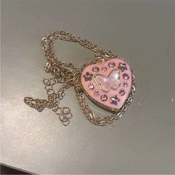 Pink Butterfly Heart Locket Necklace | Gold Plated | Cute Gift Jewelry | New - Picture 5 of 9